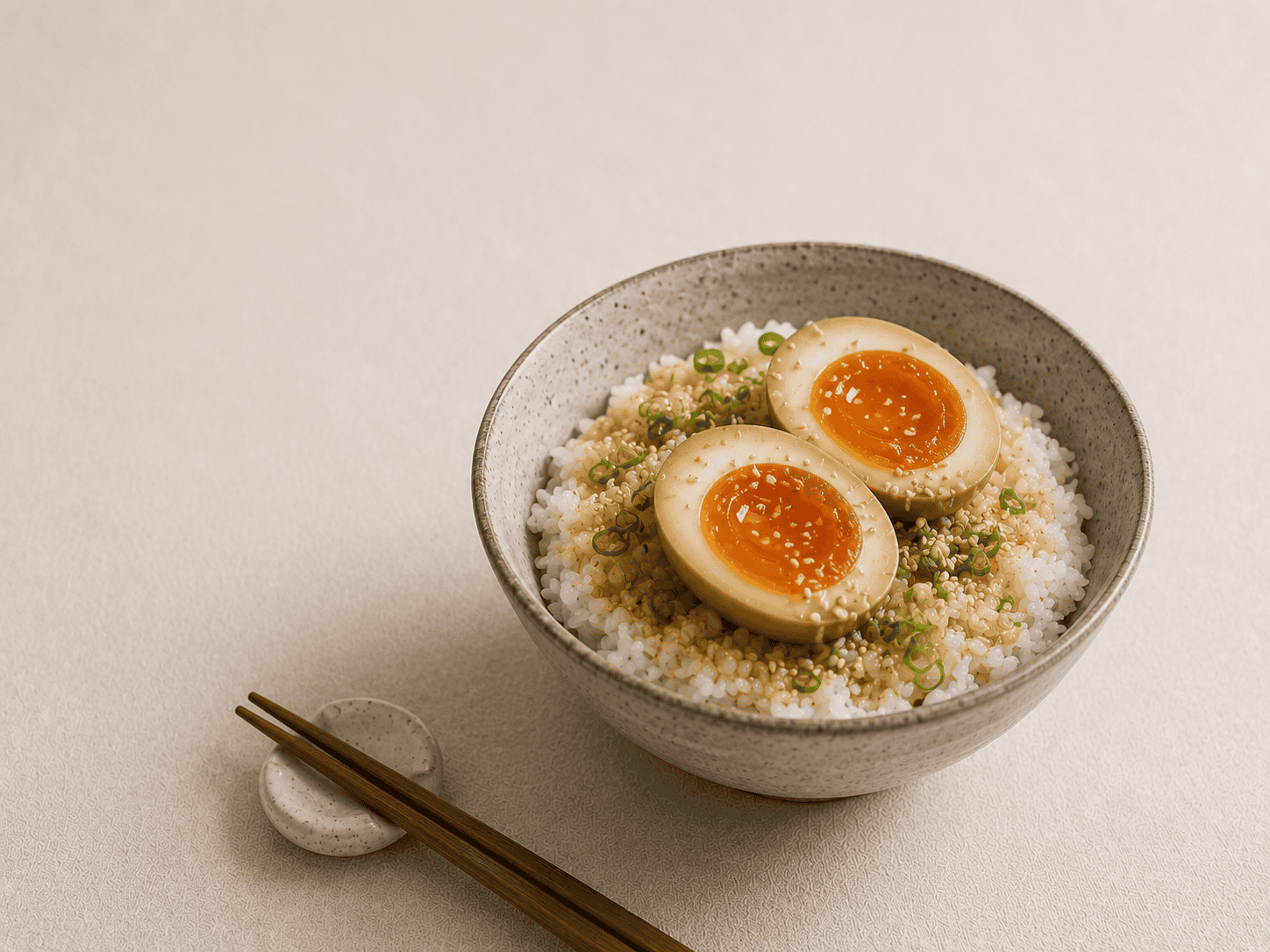 A rice bowl topped with marinated soft-boiled eggs and green onions
