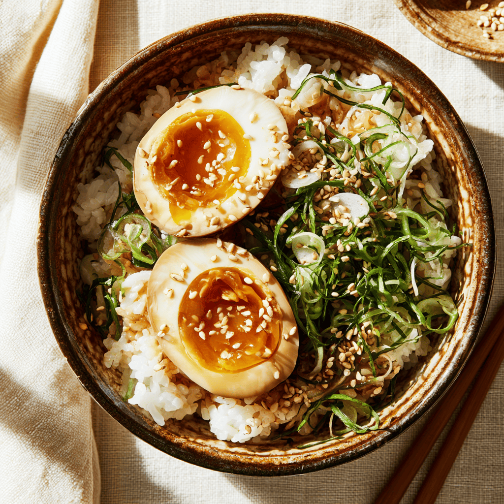 A Japanese donburi rice bowl topped with a soy-marinated soft egg, its yolk running over short-grain rice, scattered with scallion and nori