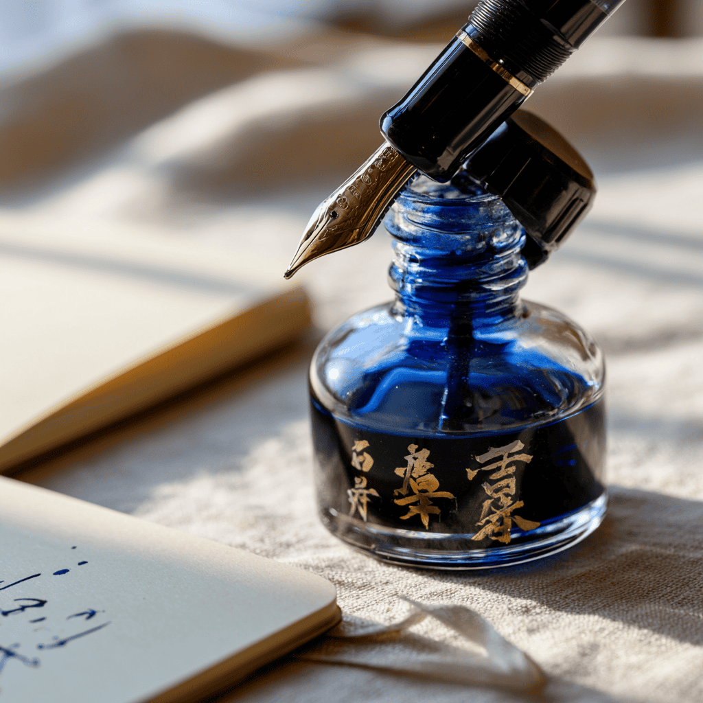 A fountain pen drawing ink from a bottle of Iroshizuku
