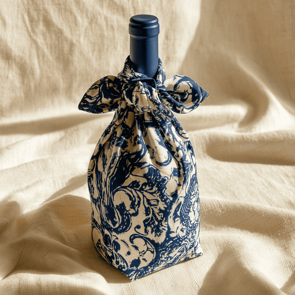 A bottle wrapped in indigo furoshiki tied with a carry-knot