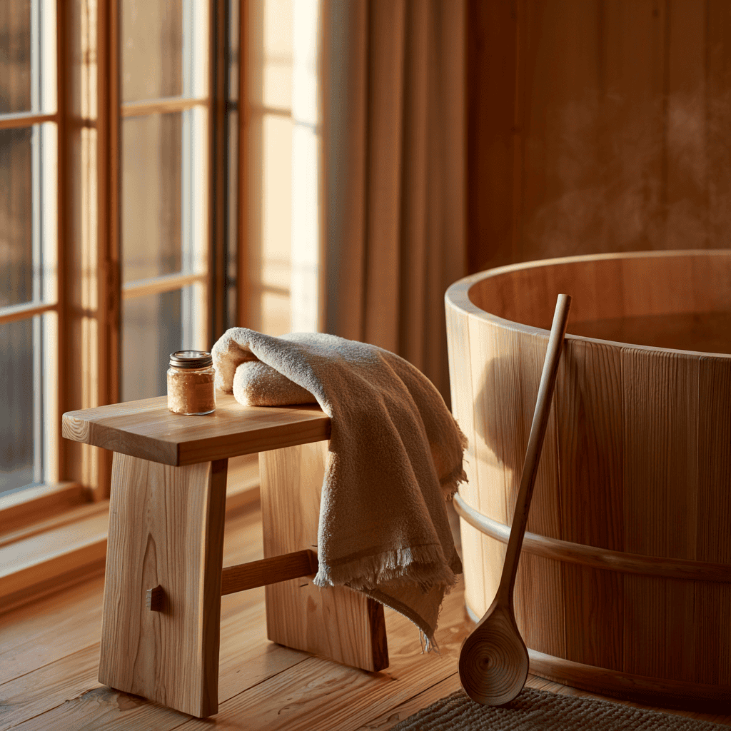 Relaxing Japanese onsen bath with wooden tub and steam in a cozy room.