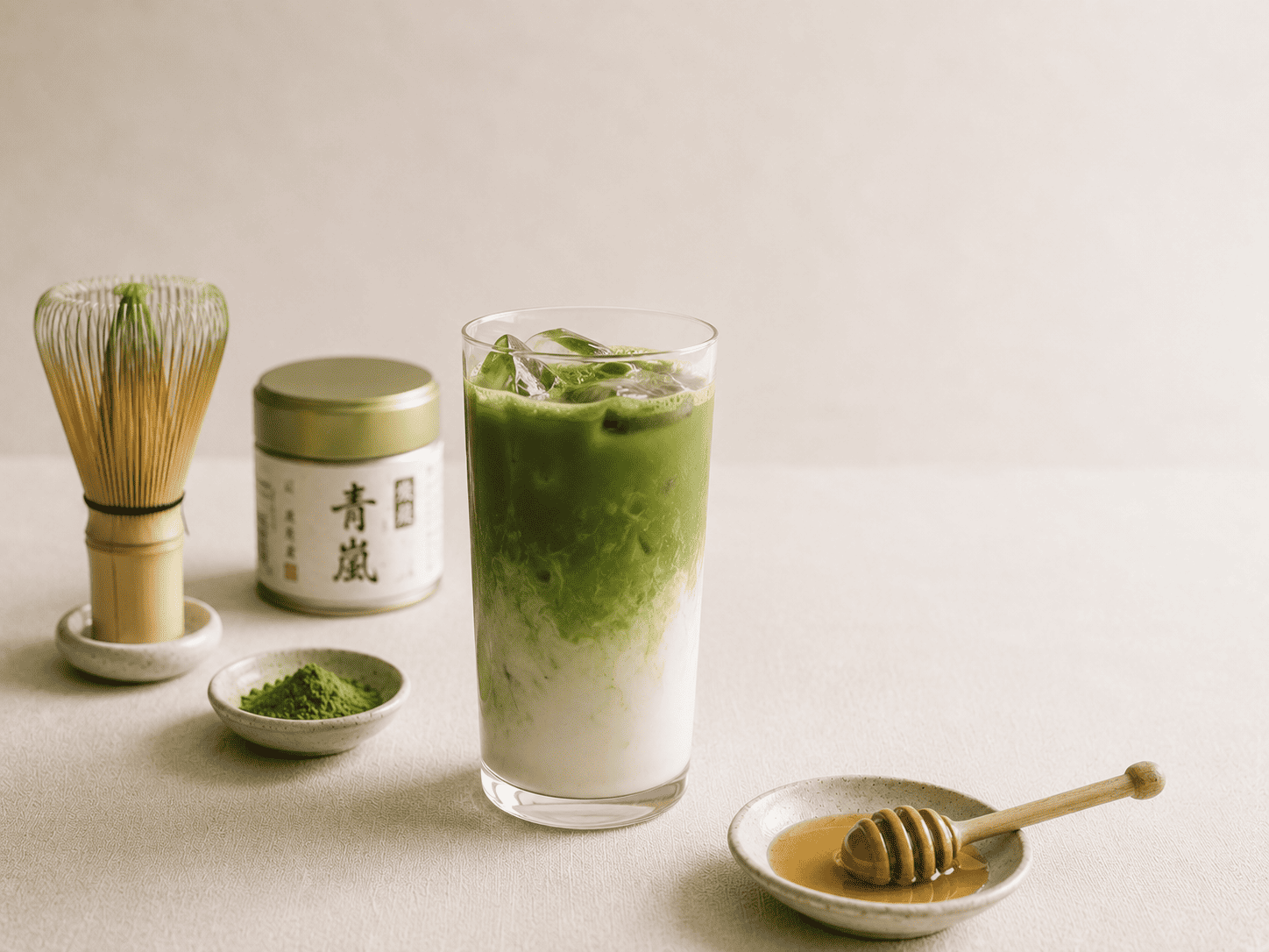 Matcha latte recipe: a home-made matcha latte with matcha powder and tea utensils