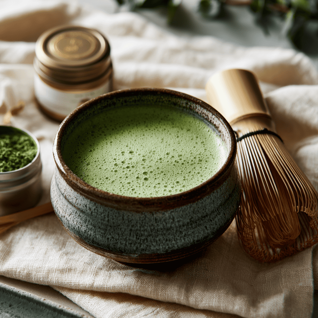 Ceramic bowl of vibrant green matcha tea with tea whisk and matcha powder.