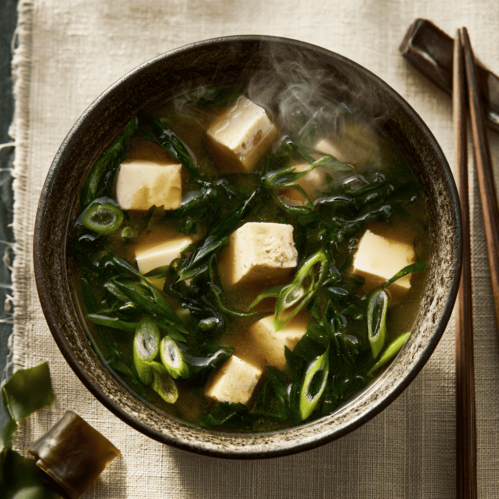 Japanese miso soup with tofu and green onions in a bowl on a textured cloth.