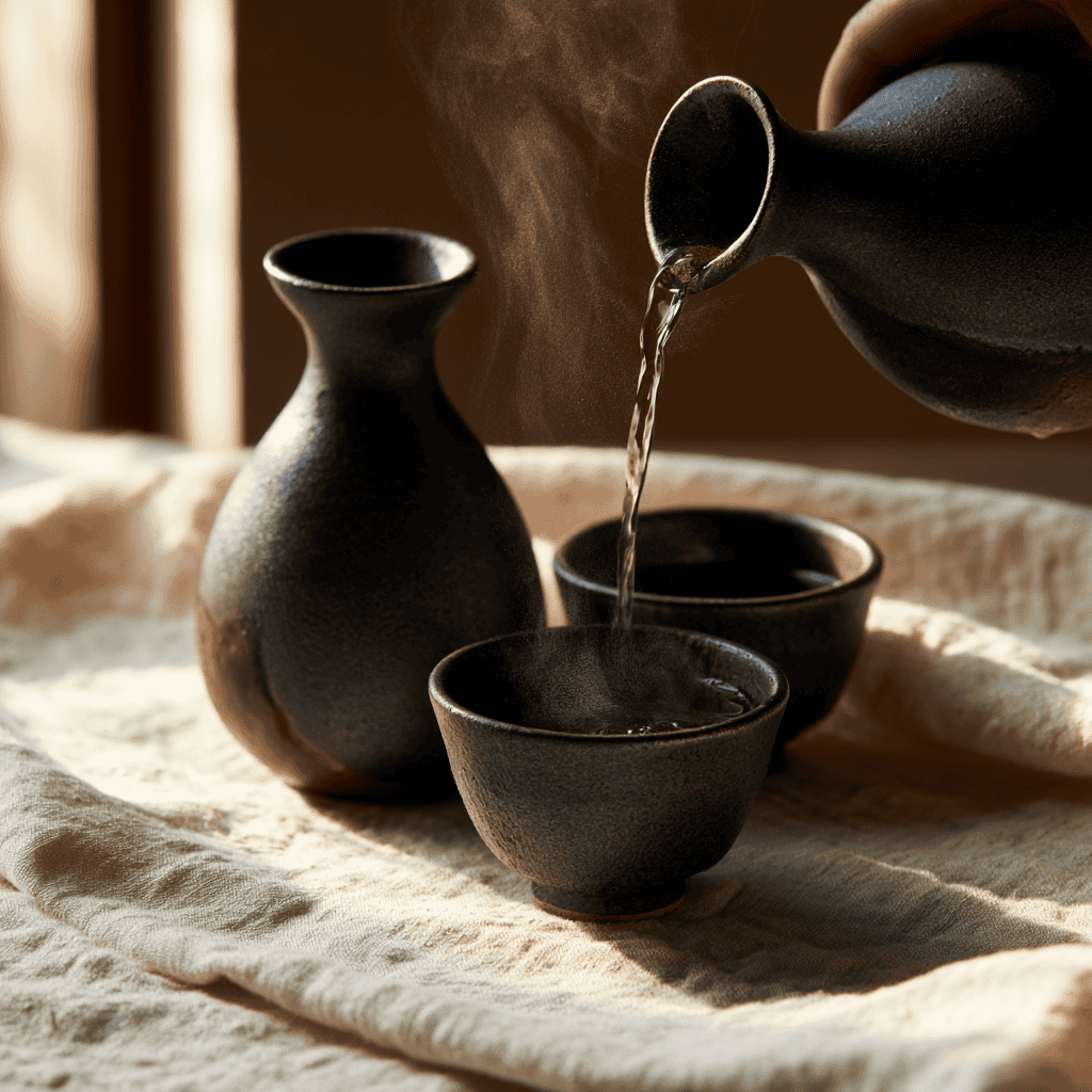Japanese tea set with steaming hot tea in black ceramic cups and teapot.