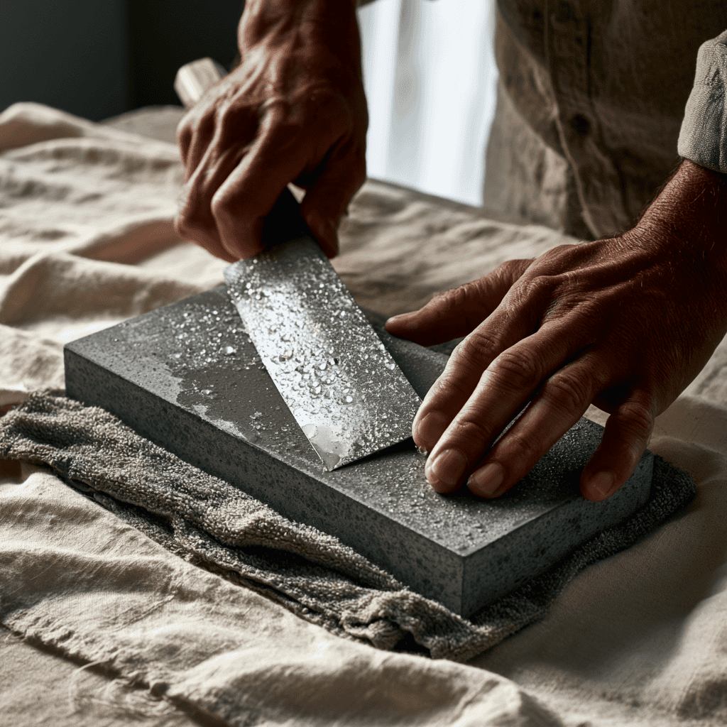 Hands shaping a stone with water in a traditional Japanese craft setting.
