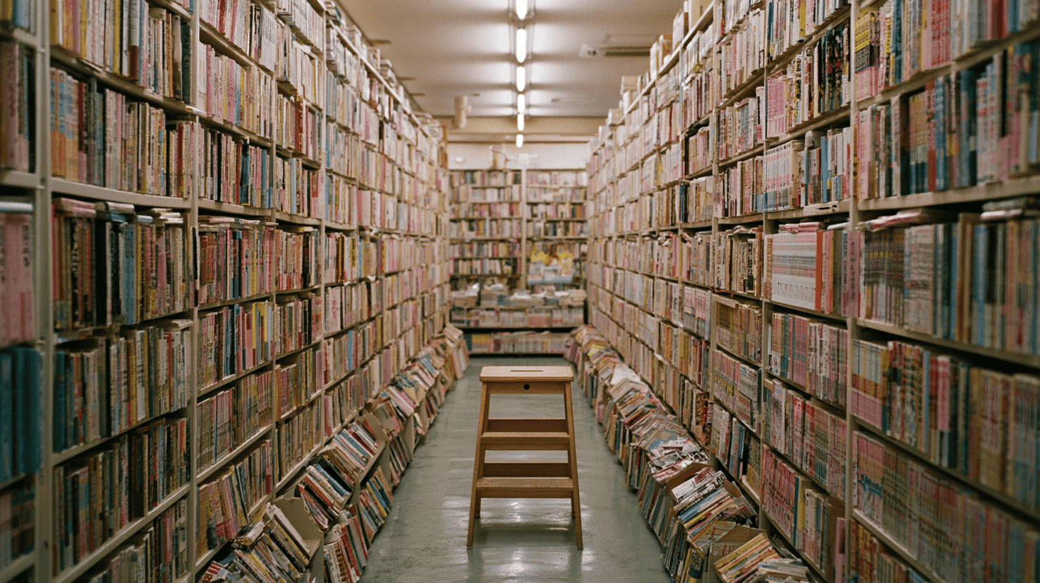 Densely stocked secondhand manga shelves at a Book Off store in a residential Tokyo neighbourhood