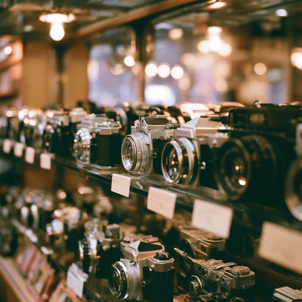 A shelf of vintage film cameras in a Tokyo secondhand camera shop