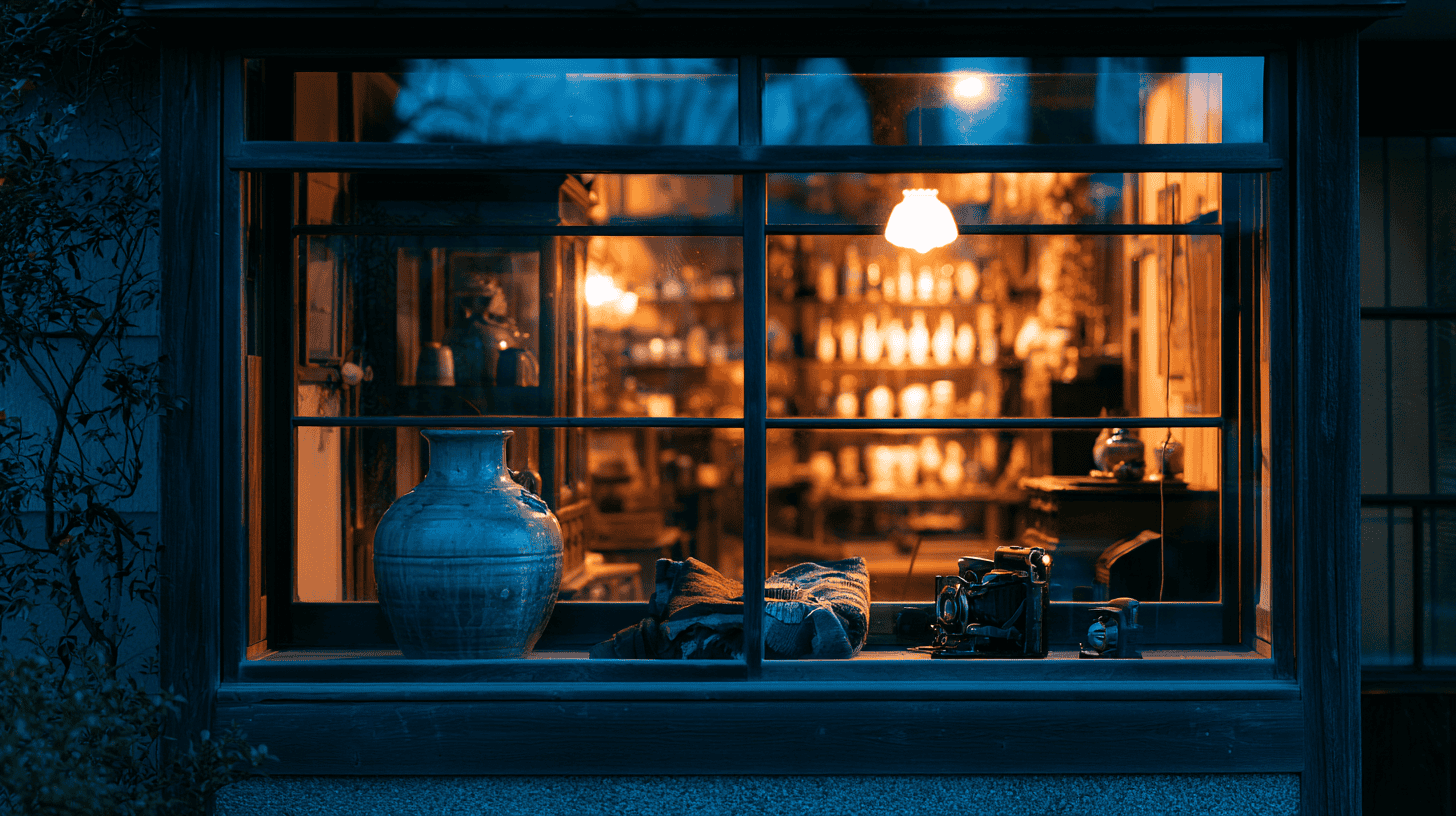 A still vintage-shop window at dusk, the close of a day of vintage shopping in Japan