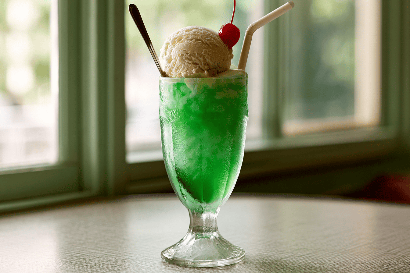 A tall glass of emerald melon cream soda topped with a scoop of vanilla ice cream, the classic kissaten drink