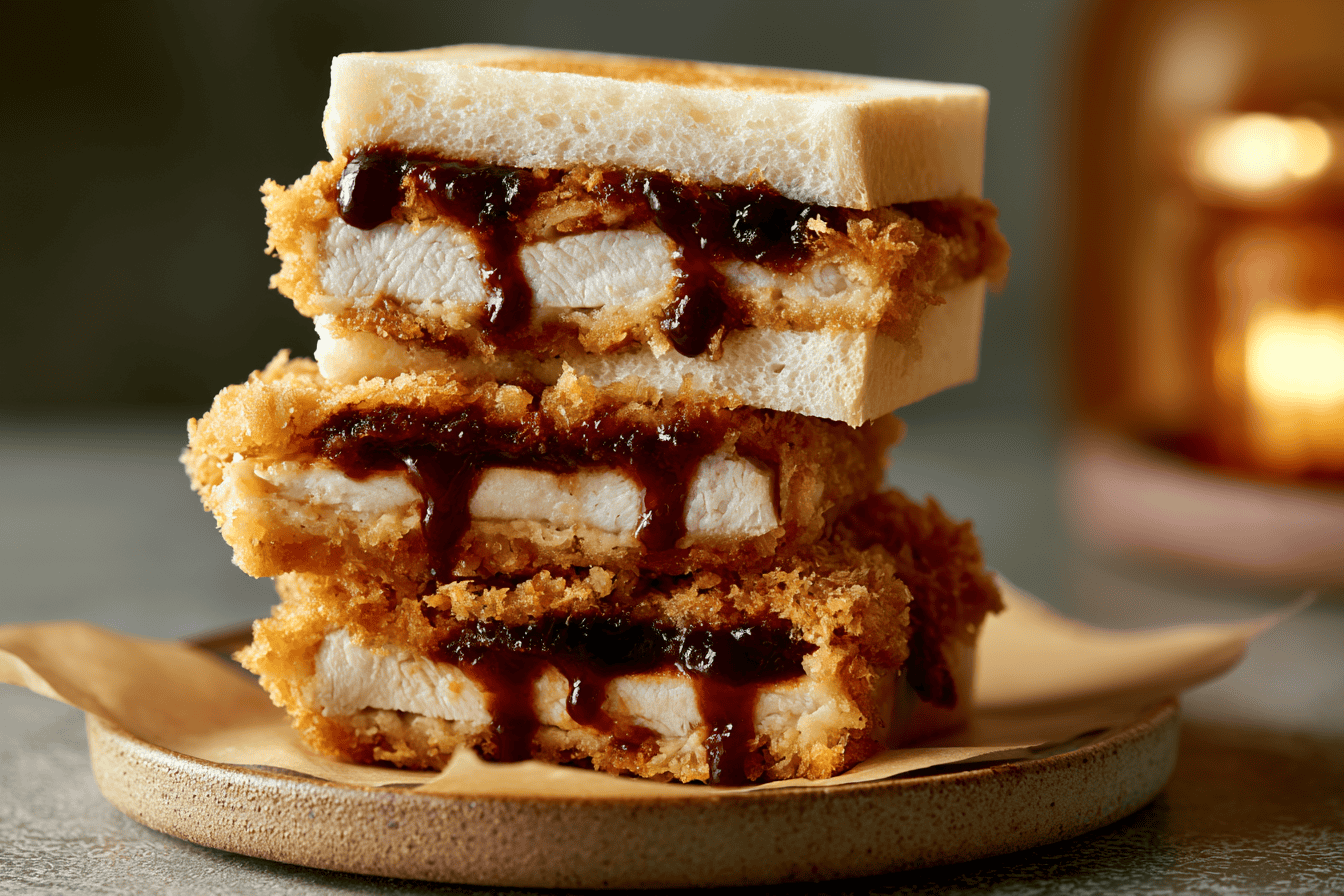 A Japanese katsu sando — panko pork cutlet with shredded cabbage and tonkatsu sauce between crustless milk bread — cut and stacked on cream linen