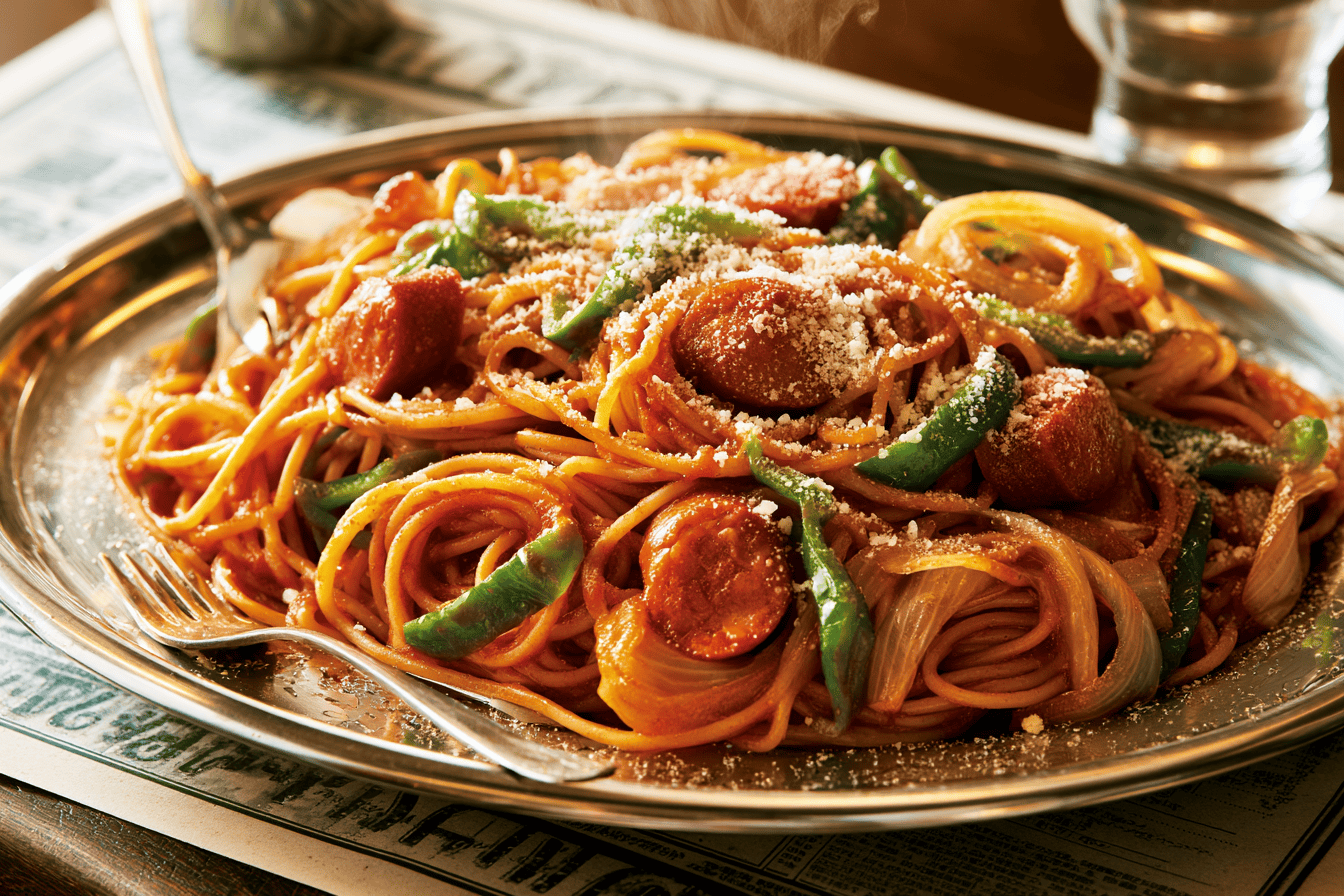 A plate of retro Japanese Napolitan ketchup spaghetti with peppers, onion and sausage in a Kyoto kissaten