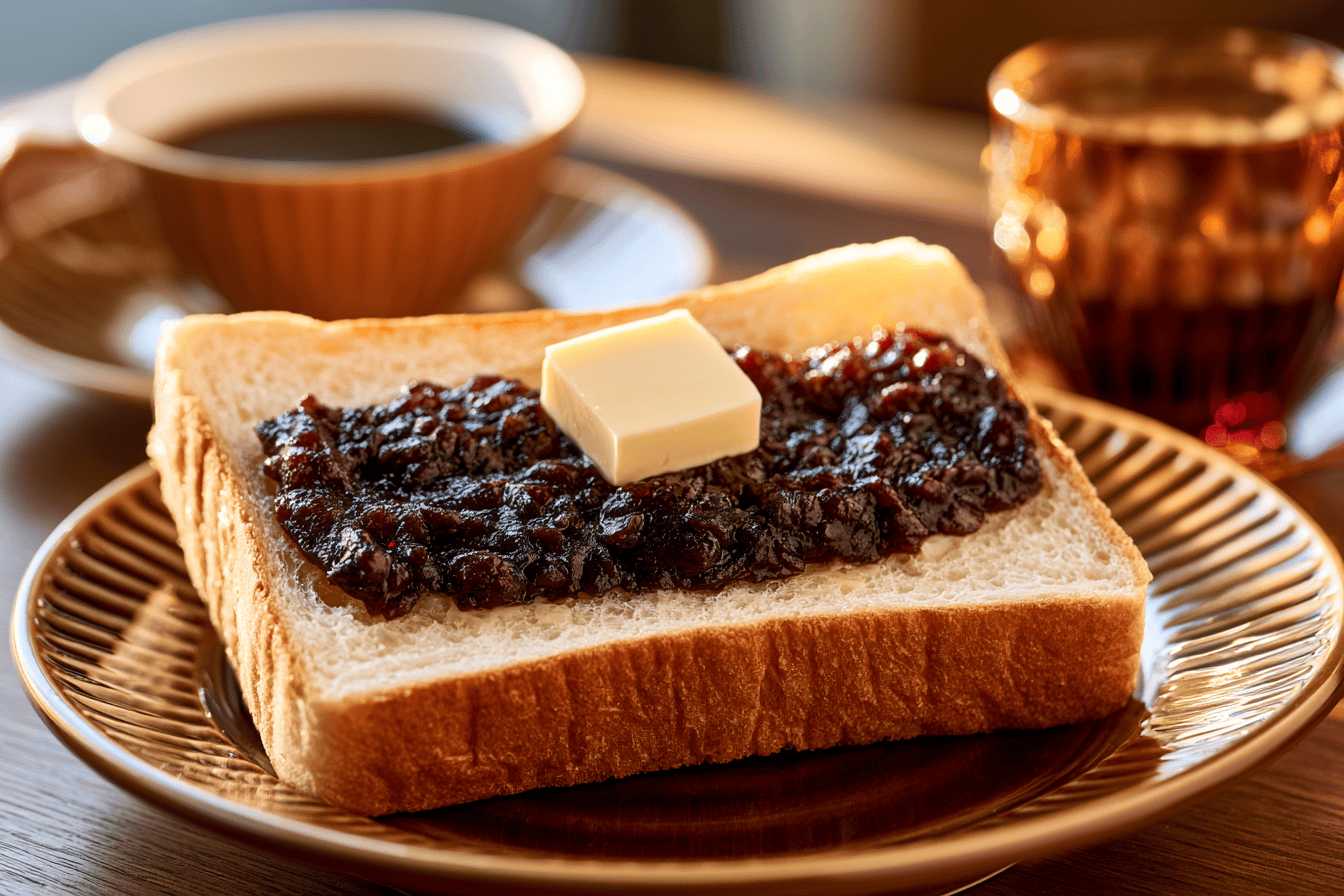 Nagoya-style ogura toast, thick-cut bread topped with red bean paste and butter