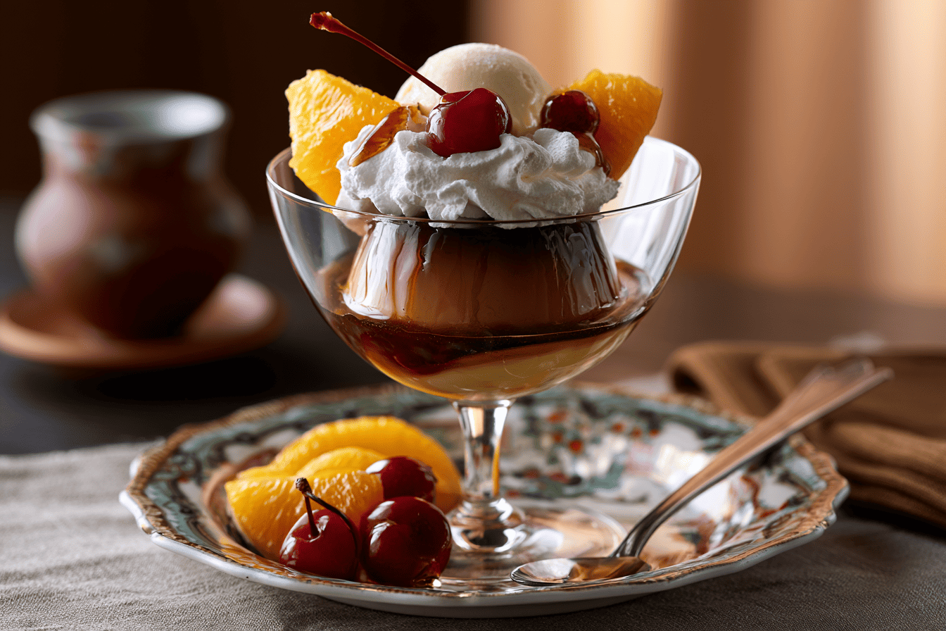 A retro Japanese pudding a la mode with custard pudding, fruit, and whipped cream in a tall glass