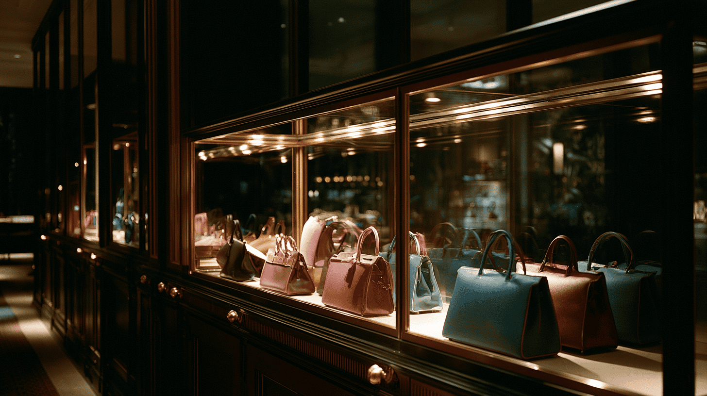 A glass vitrine of authenticated secondhand designer handbags in a Japanese resale store