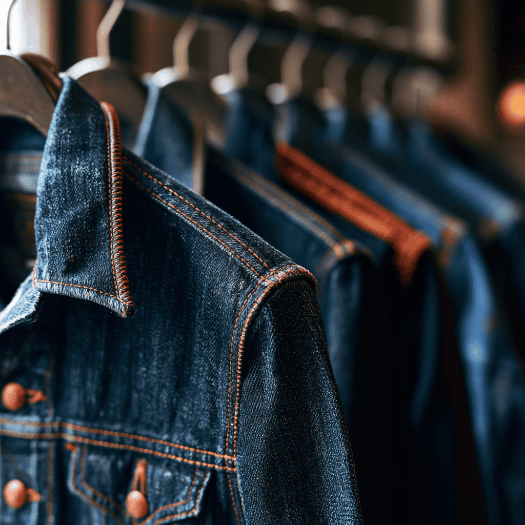 A rack of Japanese selvedge denim jackets and jeans in a vintage store