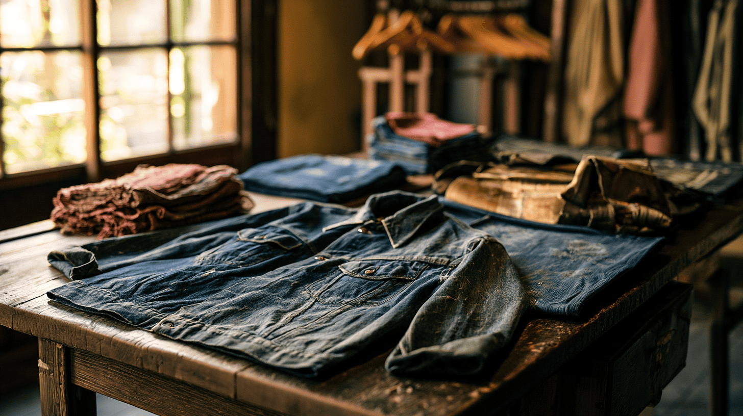 Folded vintage textiles and denim on a wooden table in a Japanese vintage shop