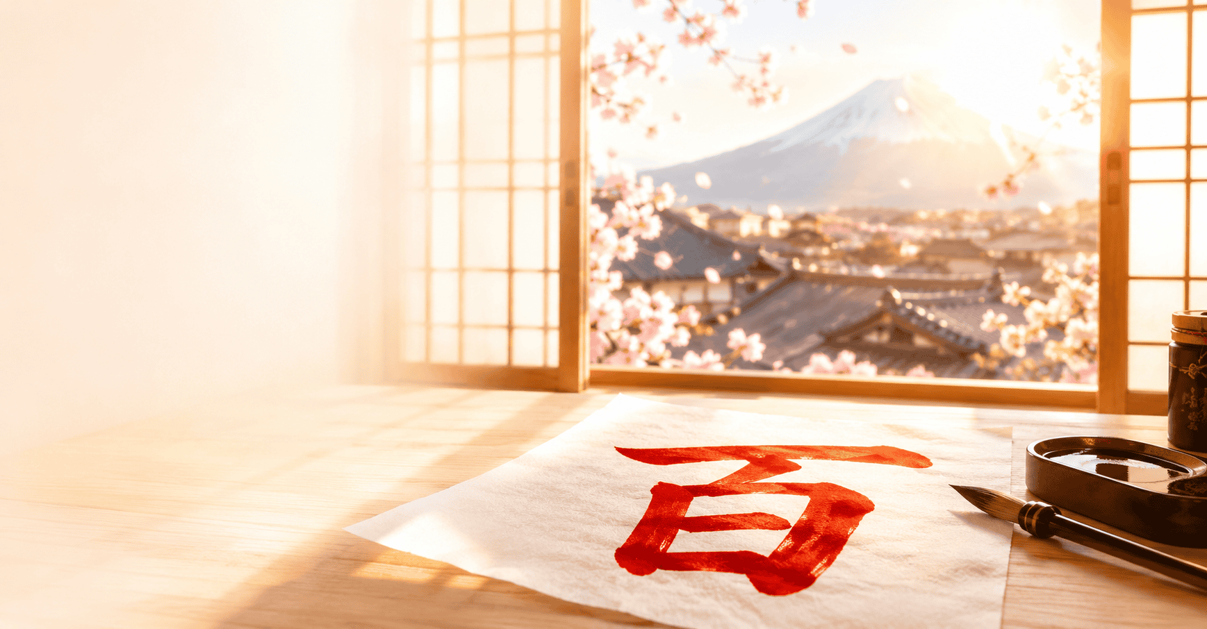 Brush and a red kanji on paper by a window with a view of Mount Fuji