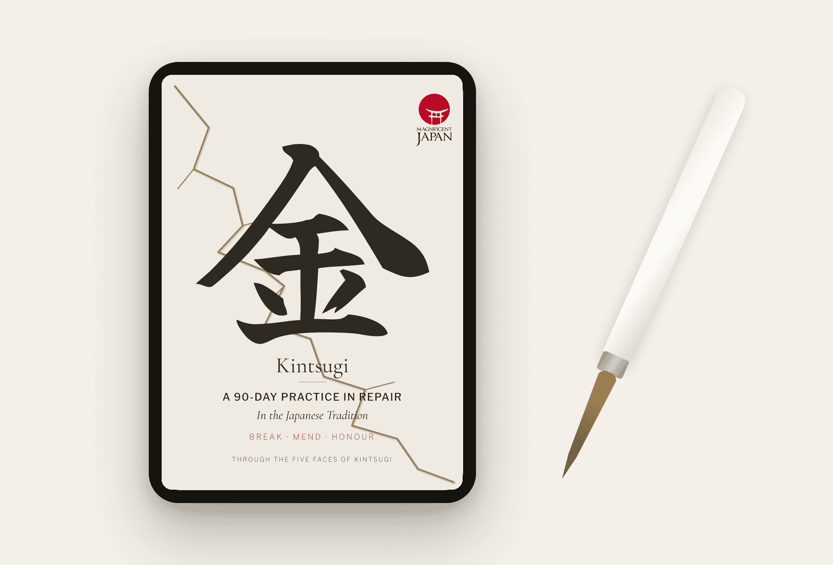The Kintsugi Journal on a tablet with a stylus — a 90-day practice for healing and repair