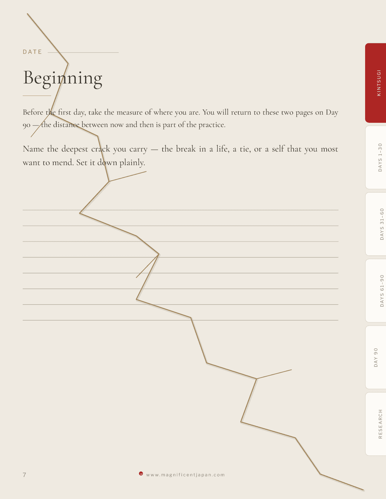 Kintsugi journal Beginning page, showing the opening self-assessment prompt