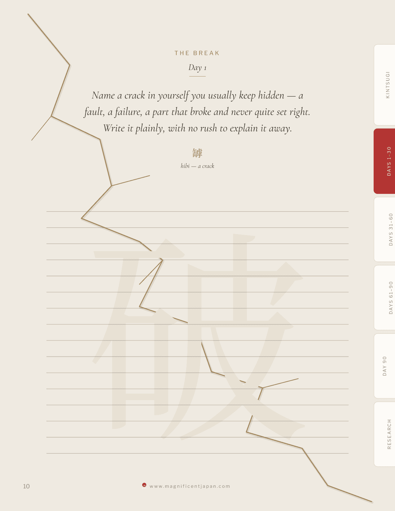 A daily prompt page from the kintsugi journal, with writing space