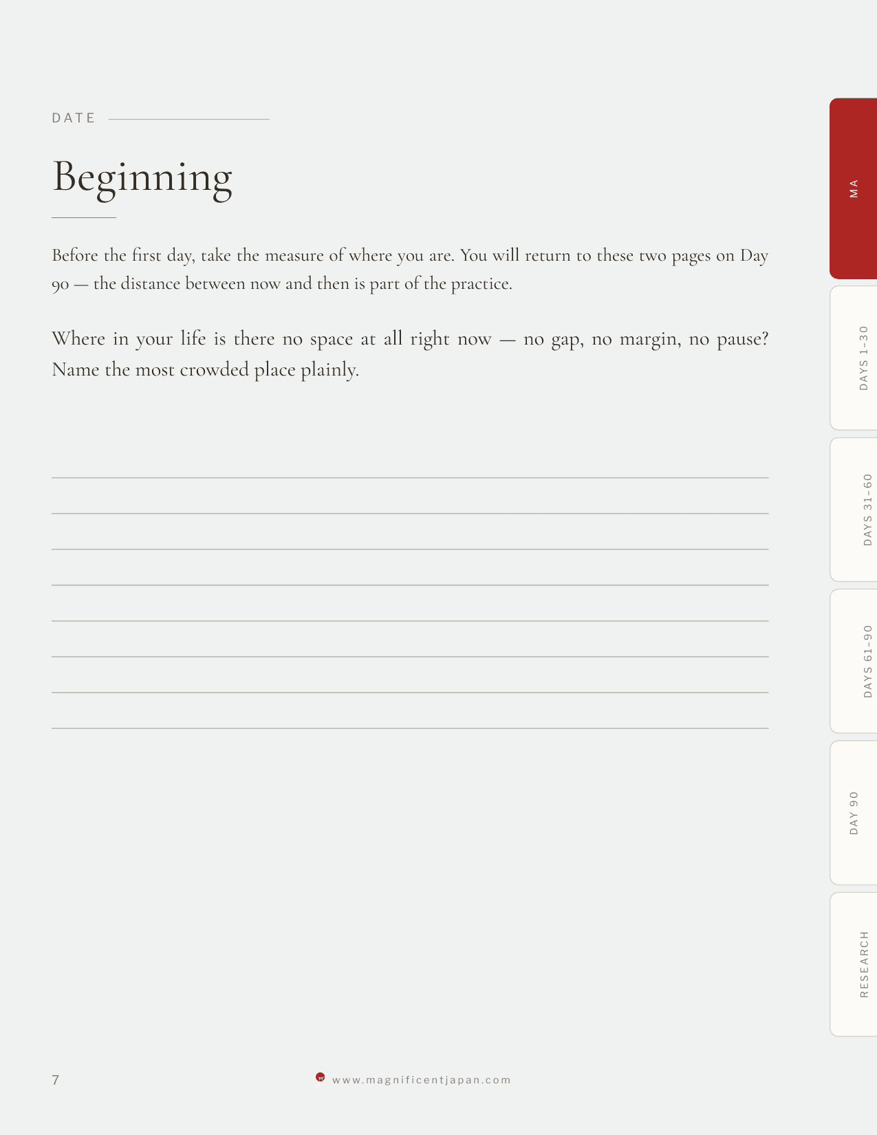 Ma journal Beginning page, showing the opening reflection prompts