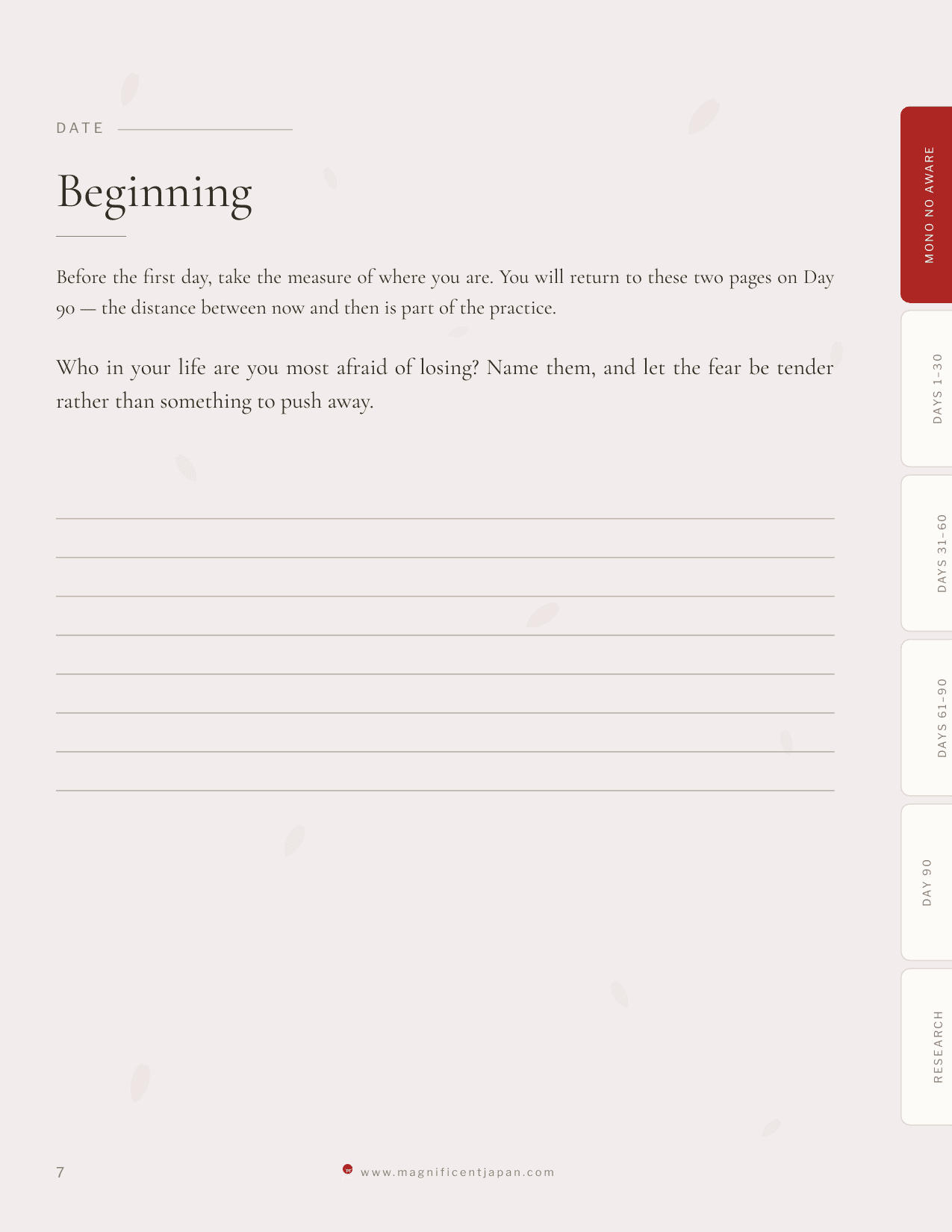 Mono no aware journal Beginning page, showing the opening self-assessment prompt