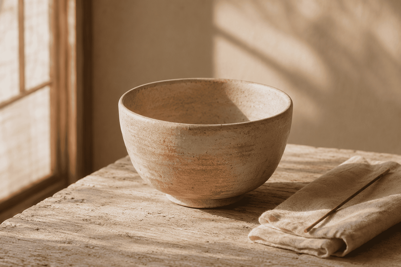 An empty Japanese tea bowl in soft morning light, open and ready