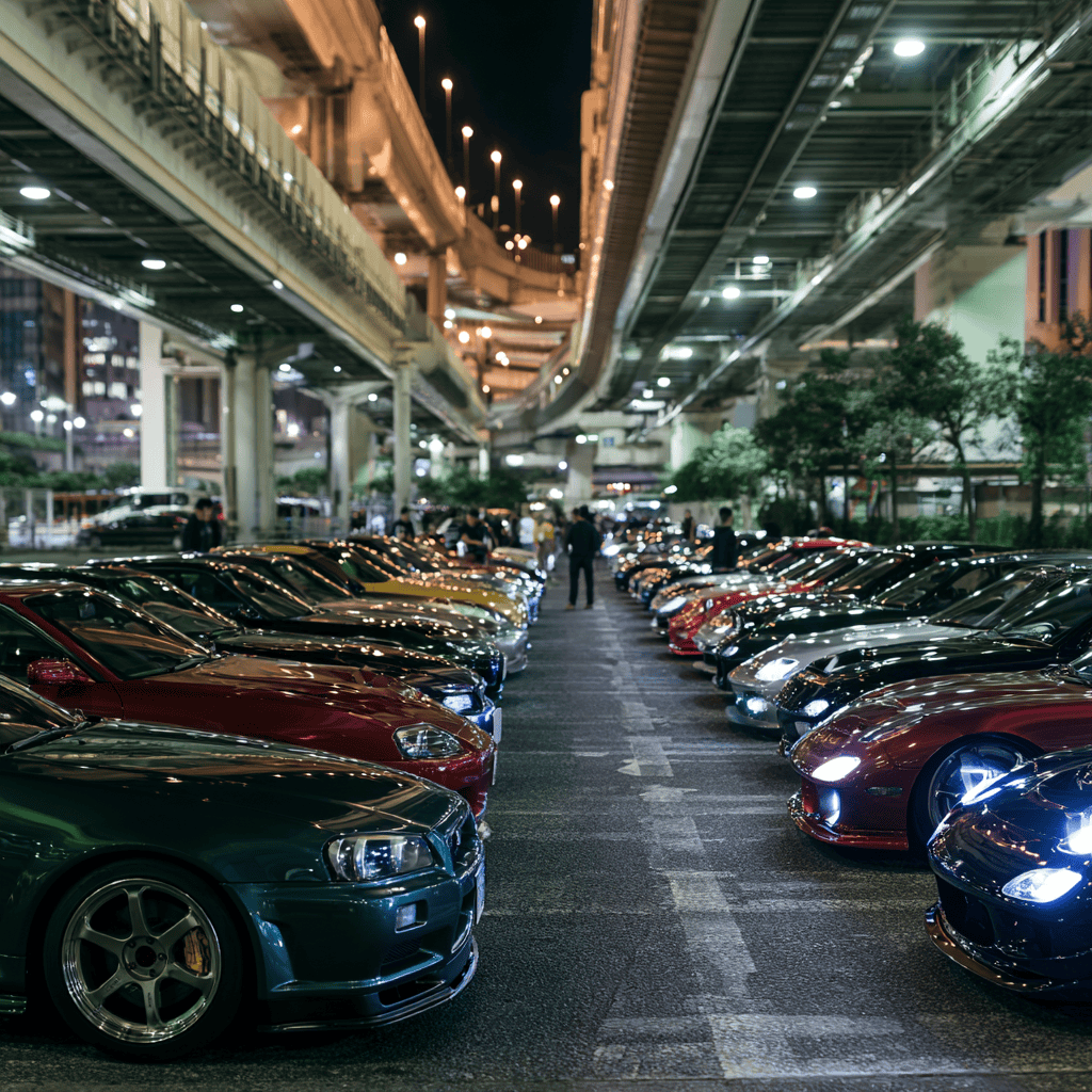 JDM cars gathered at Daikoku PA car meet at night near Yokohama