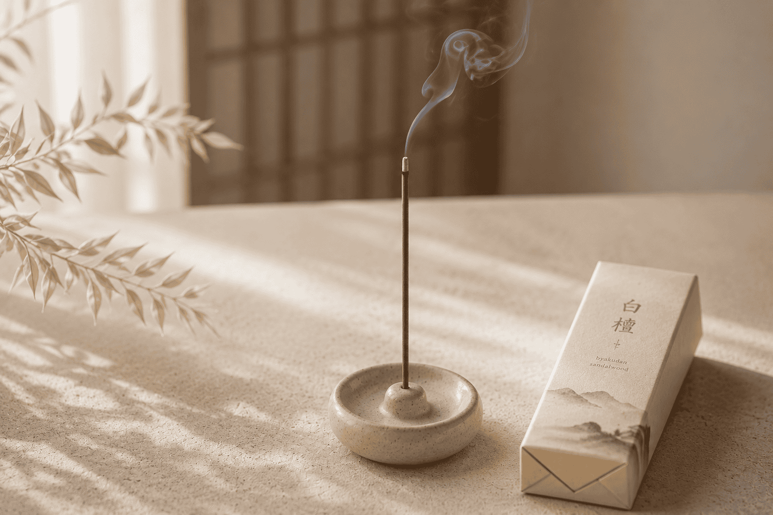 A bundle of Japanese incense sticks in a ceramic holder with a thin trail of smoke on cream linen