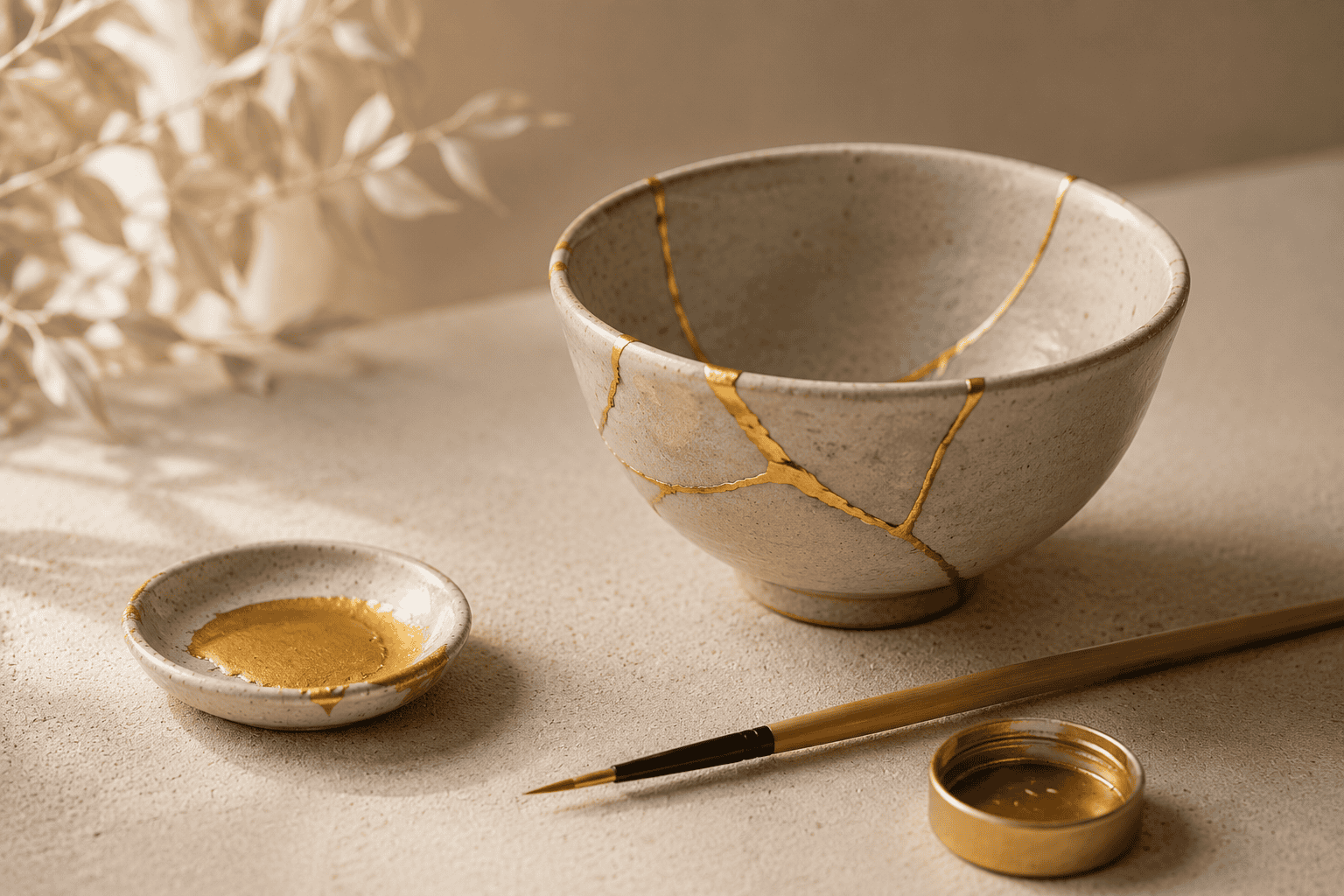 A kintsugi repair kit mending a cracked ceramic bowl with gold seams on cream linen