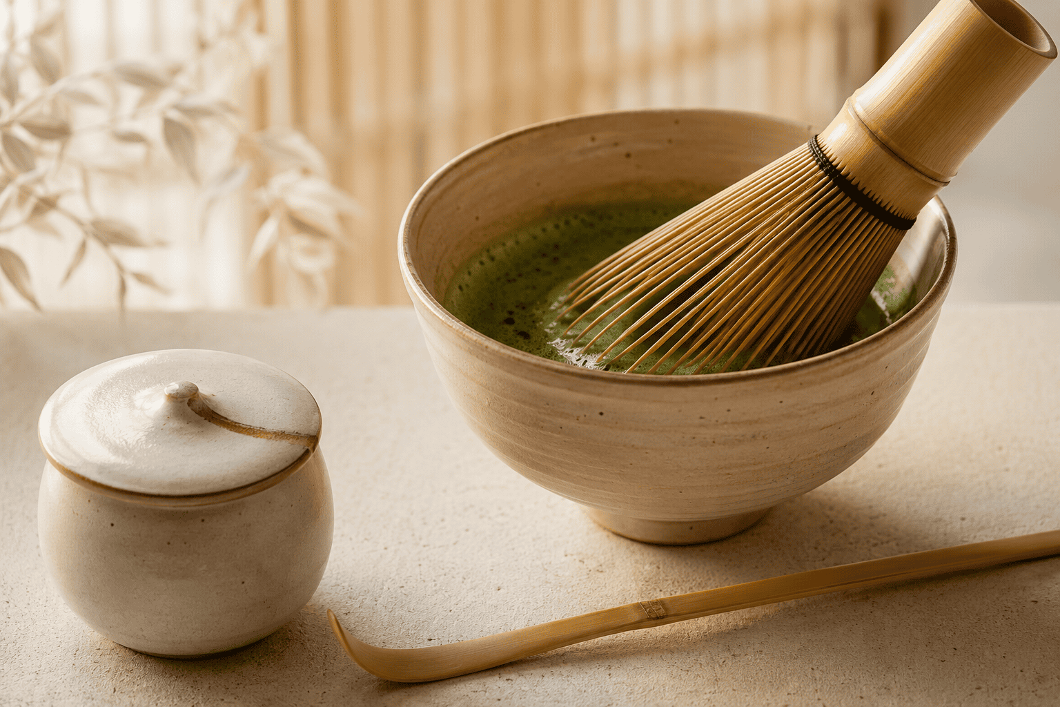 A Japanese matcha ceremony set with bamboo whisk, scoop, and a bowl of whisked matcha on cream linen