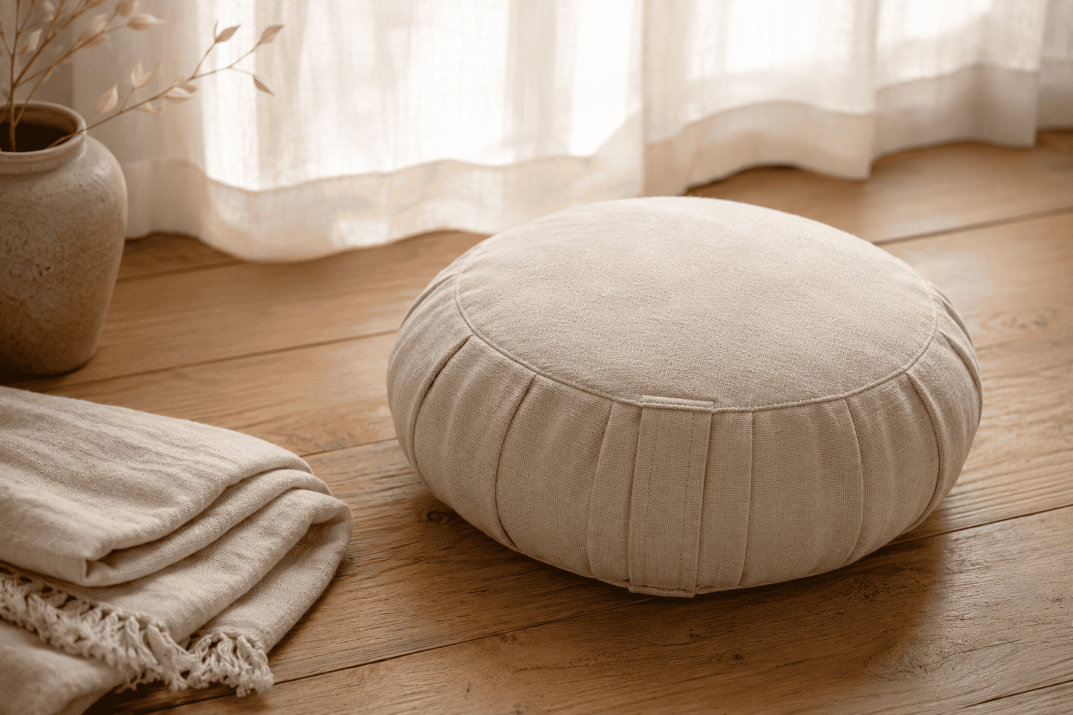 A round buckwheat-filled zafu meditation cushion in muted linen on a wooden floor