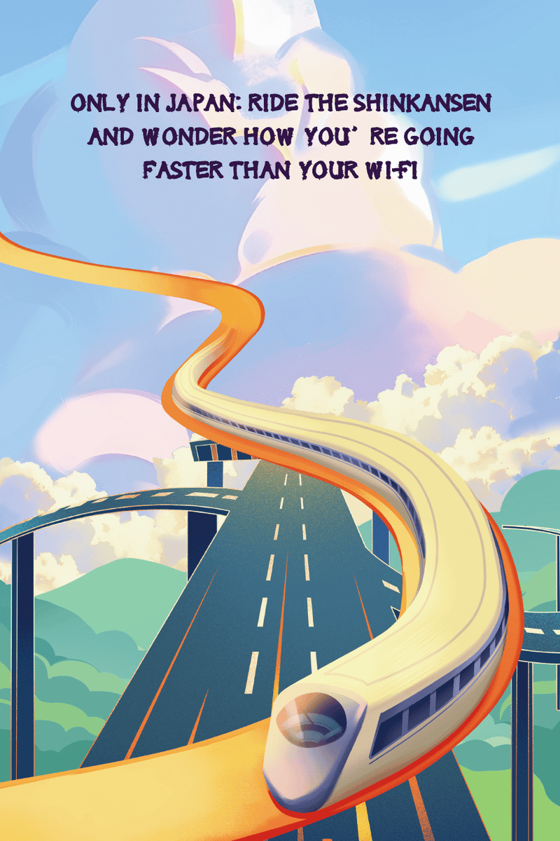 Above the Clouds Japan journal cover with a bullet train winding through the sky