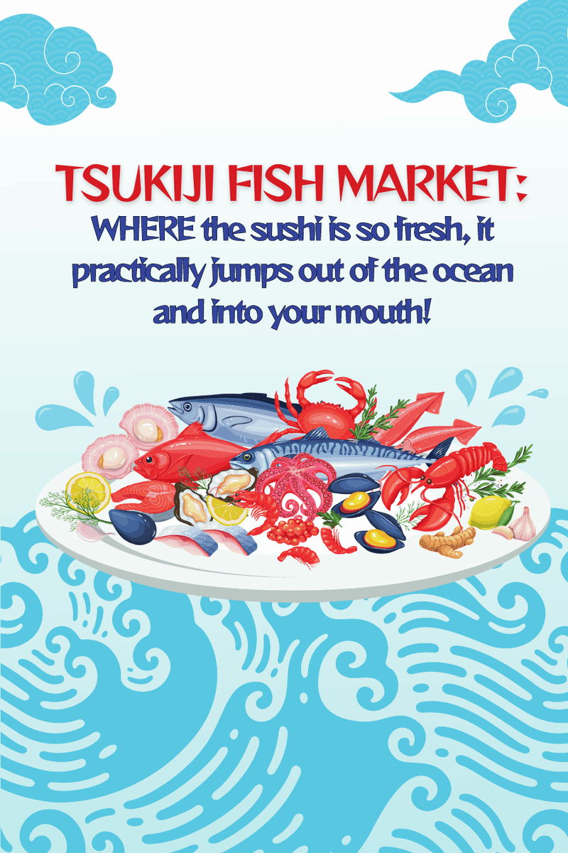 Fresh Catch Tsukiji market journal cover with seafood on blue waves