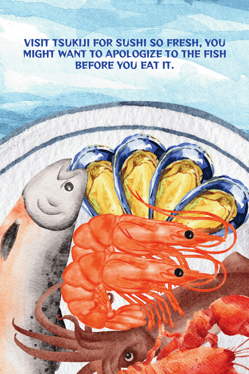 Market Feast Japan food journal cover with a seafood platter on indigo waves