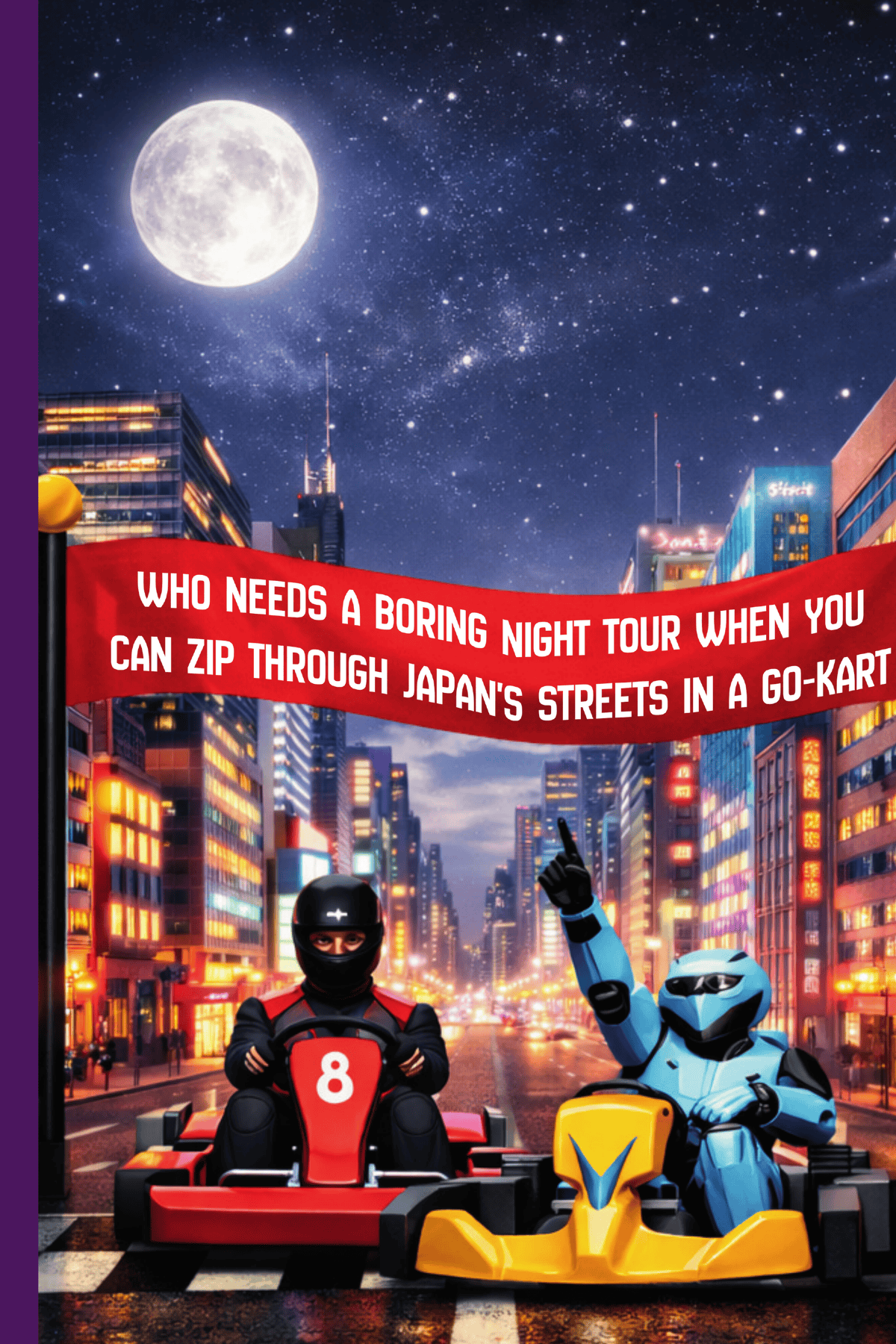 Night Karting Tokyo journal cover with a go-kart under a full moon and neon skyline