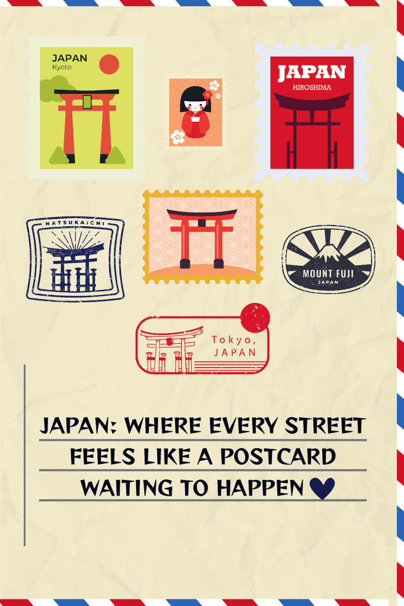 Postcard Japan journal cover with vintage stamps and torii motifs