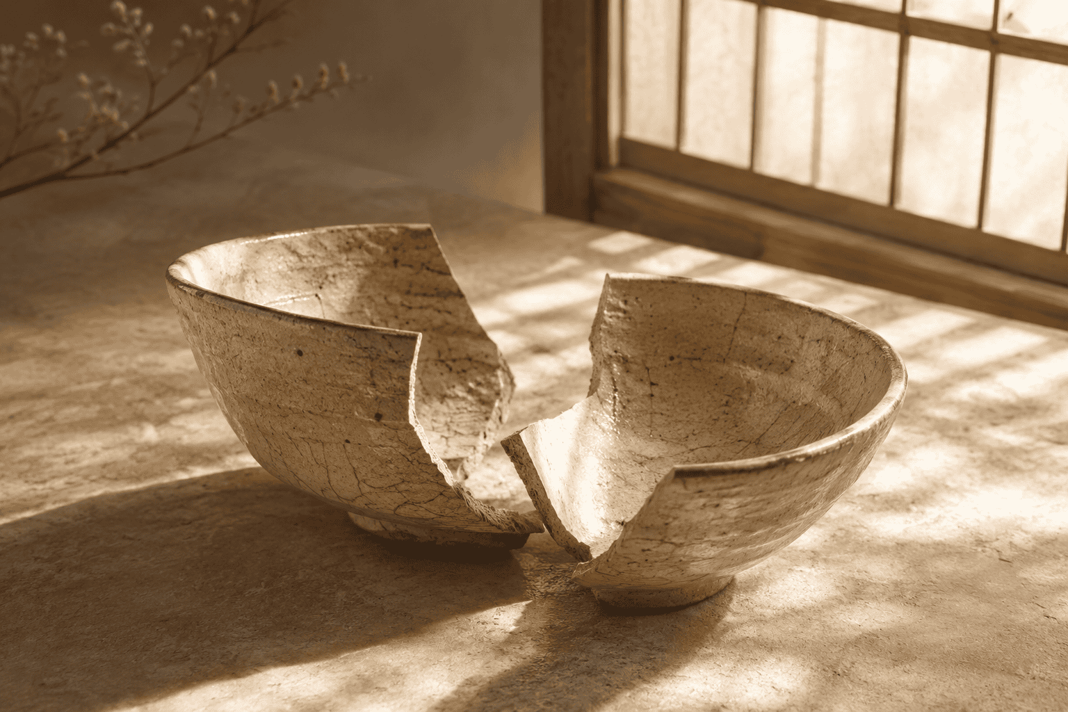 Broken Japanese ceramic bowl with natural sunlight and shoji screen background