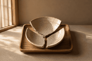 Japanese ceramic bowl set on wooden tray with natural lighting.