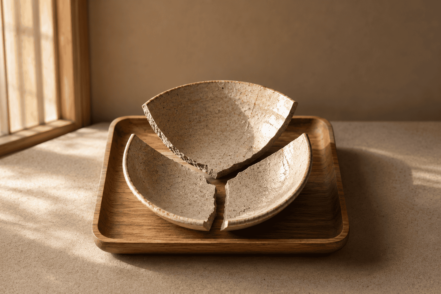 Broken ceramic pieces gathered together beside a gold dish, ready to be rejoined