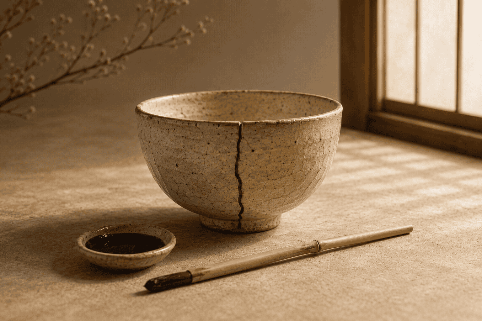Japanese tea bowl with a visible crack and a bamboo tea scoop