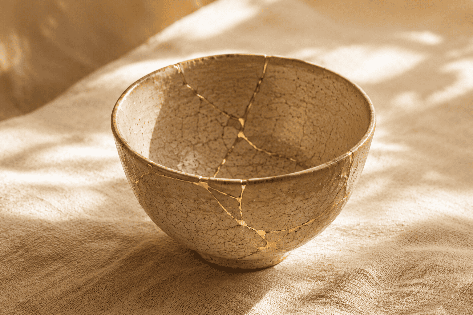 Kintsugi ceramic bowl with gold repair lines on a fabric surface