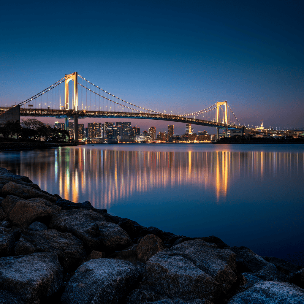 Odaiba and the Rainbow Bridge at night with long-exposure light trails