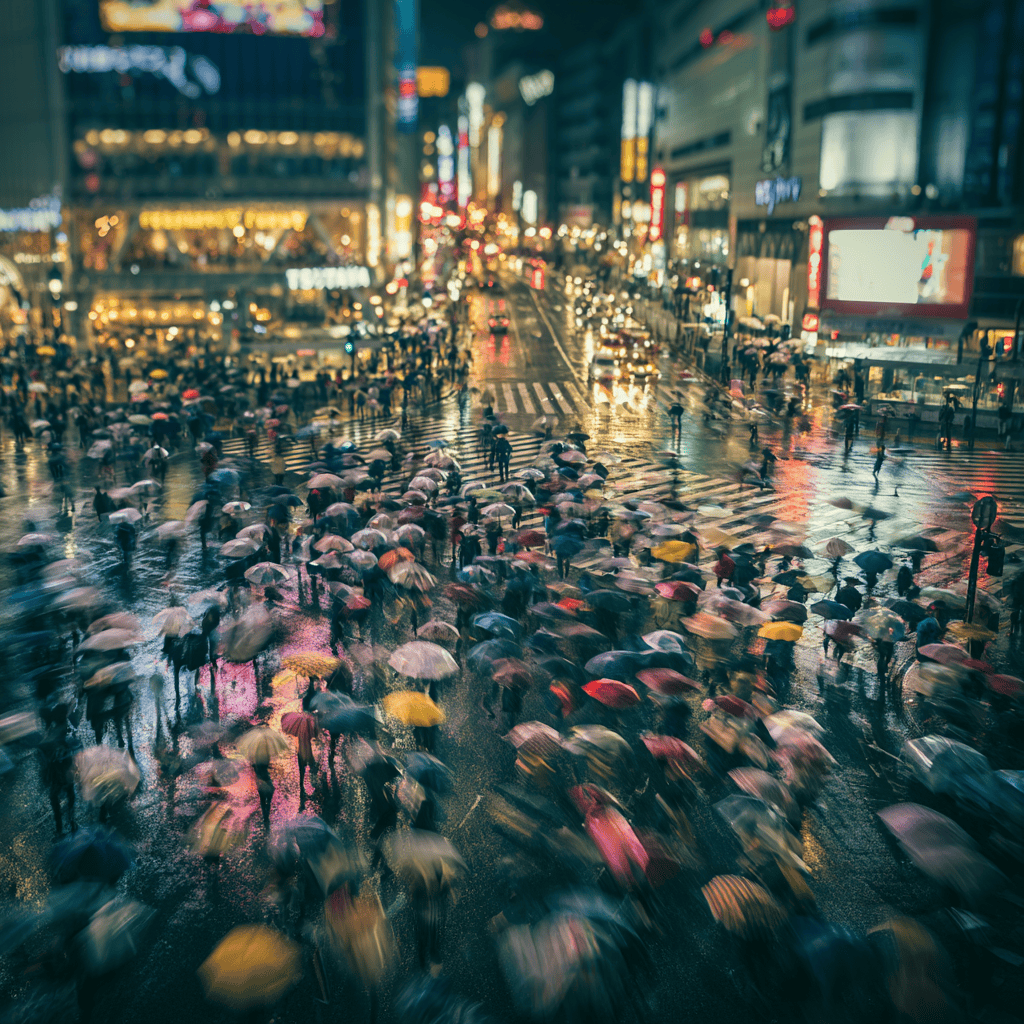 Shibuya Crossing in Tokyo at night in long exposure, the wider retail district beyond the anime specialty streets