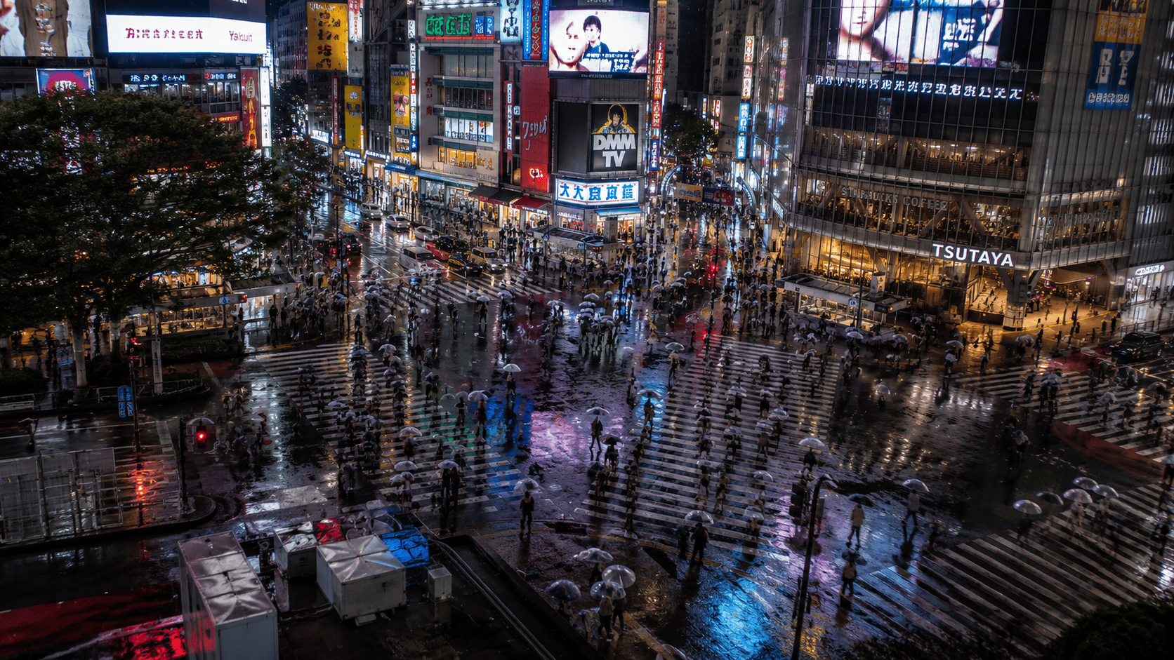 Shibuya Crossing lit up at night, the real Tokyo backdrop used in the film