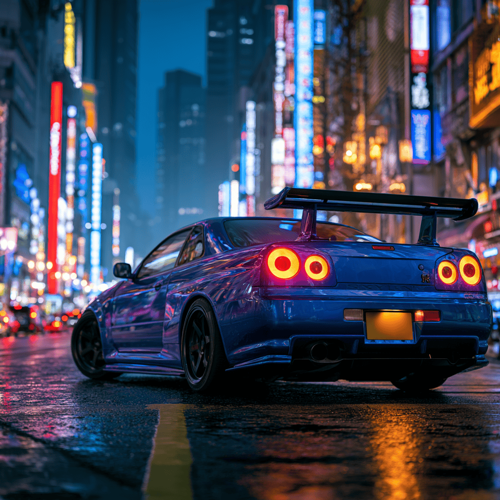 JDM Skyline GT-R parked under city lights during a Tokyo photoshoot