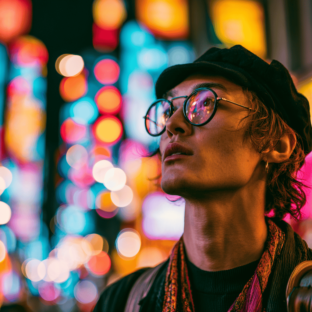 Portrait with soft neon bokeh glowing behind the subject in Tokyo