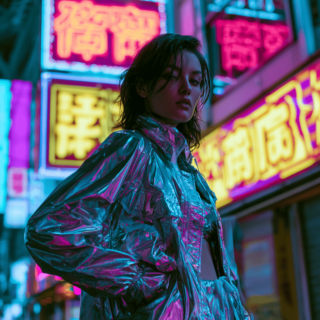 Reflective jacket catching neon signs during a Tokyo night photoshoot