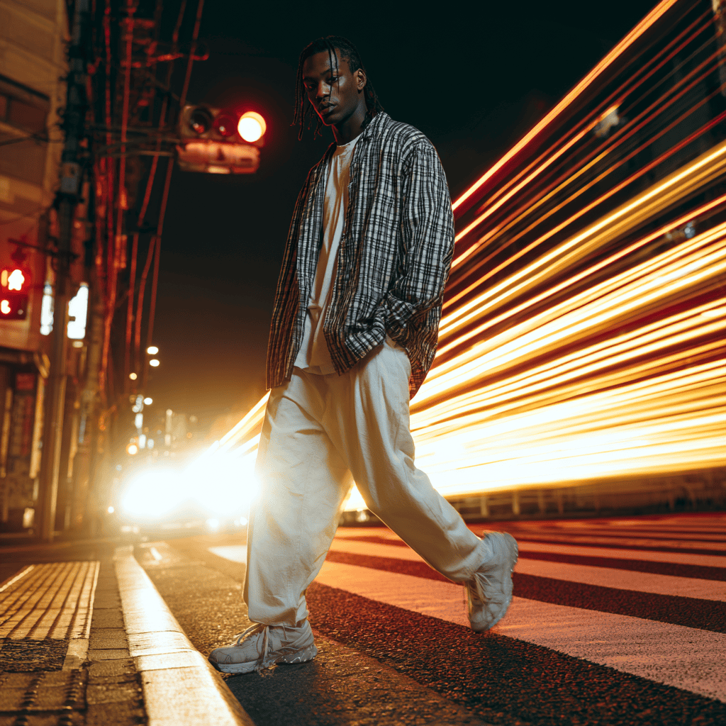Subject stepping off the curb at a Tokyo crossing during a photoshoot